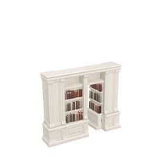 two white bookcases with books on them