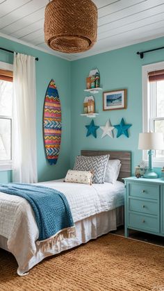 a bedroom with a surfboard on the wall above the bed, and two nightstands