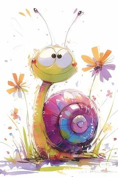 a painting of a snail with flowers in the background