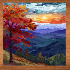 a painting of a tree in the middle of a mountain range with colorful leaves on it