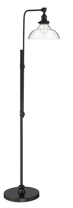 a black lamp with a clear glass shade on it's arm and base is shown in front of a white background