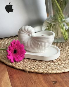 a pink flower sitting on top of a table next to an apple computer and vase