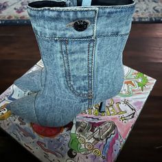 Denim Ankle Booties In Excellent Condition. Worn One Time Casual Denim Boots With Pointed Toe, Casual High Heel Denim Boots, Casual Denim High Heel Boots, Casual Denim Ankle-high Boots, Casual Ankle-high Denim Boots, Jeffrey Campbell Shoes, Jeffrey Campbell, One Time, Ankle Booties