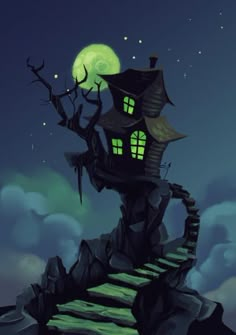 a house on top of a hill with stairs leading up to it and a full moon in the sky