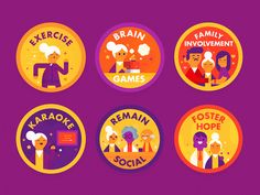 six circular badges with different types of people in the middle one has brain, brainy, game, and other words