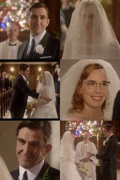 the wedding scene is shown in many different pictures, including two men and one woman