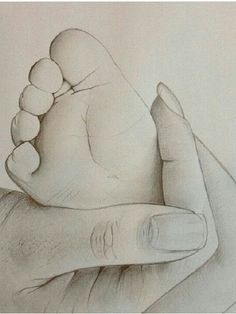 a pencil drawing of a hand holding a baby's foot with the thumb on it