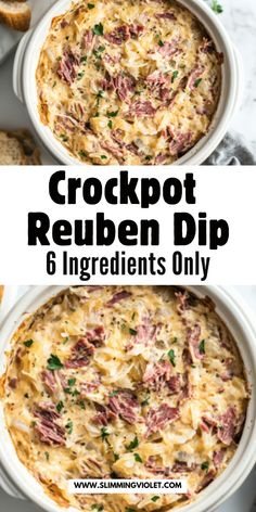 crockpot reuben dip recipe in a white casserole dish with text overlay