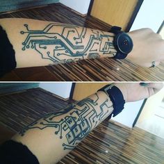 two pictures of a person's arm with tattoos on it