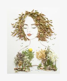 a woman's face surrounded by flowers and plants