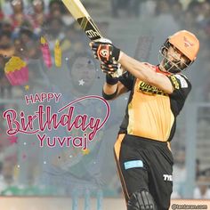 a man holding a baseball bat in front of a happy birthday card with cupcakes