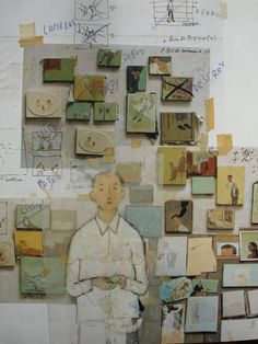 a collage of pictures and drawings with a man standing in front of the wall