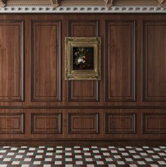 an empty room with wood paneling and a checkered floor, framed artwork on the wall