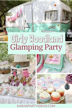 a collage of pictures with the words girly woodland glamping party on it