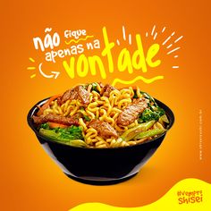 a bowl of noodles with meat, broccoli and carrots on an orange background