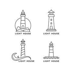 four lighthouses with the words light house in different languages, and one is black and white