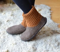 These handmade felted house shoes are made using all natural products -wool, hot water and soap. It will perfectly fit for wearing inside/outside. They are soft and so easy that even imperceptible, it will fit like your second skin. House shoes will let your feet skin breathe, because these felted shoes are made using only natural products. Natural wool have properties to keep your foots warm and don't sweat at the same time. Soles are glued and sewed for long lasting purpose. This felted house Comfortable Brown Wool Slippers, Cozy Brown Slippers With Rubber Sole, Felted House, Ankle Warmers, Felted Shoes, Felt House, Inside Outside, House Shoes, Natural Products