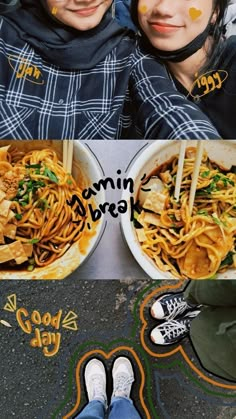 two people sitting next to each other in front of bowls of food