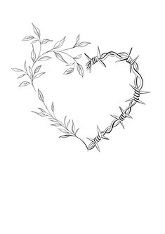 a heart shaped barbed wire with leaves on it's sides, drawn in black and white