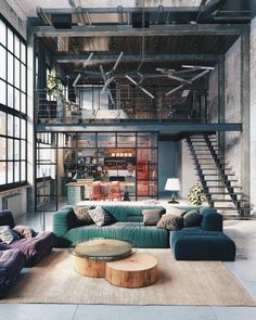 an instagram photo of a living room with blue couches