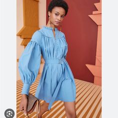 Like New Belted Blue Mini Dress For Summer, Blue Belted Mini Dress For Summer, Blue Belted Dress For Daywear, Blue Belted Mini Dress, Chic Light Blue Mini Dress For Daywear, Chic Blue Mini Length Shirt Dress, Chic Blue Shirt Dress For Brunch, Chic Blue Mini Shirt Dress, Blue Belted Midi Dress For Daywear