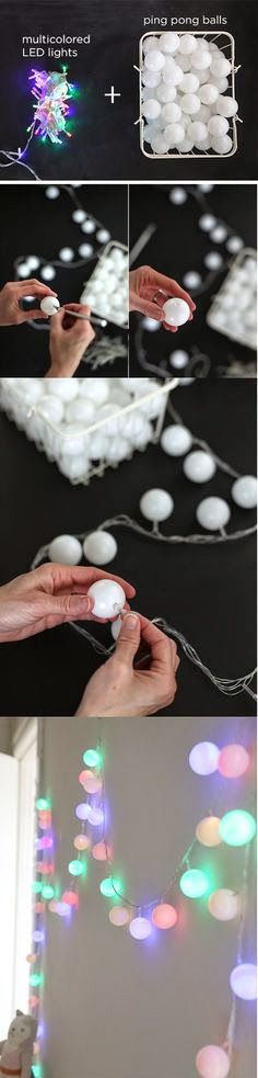 the process of making lights with cotton balls and string, is shown in three different stages