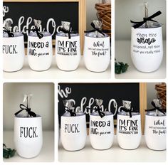 four different shots of white painted jars with black bows and sayings on them, including one that says i'm fine