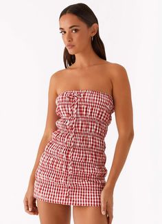 Adele Mini Dress - Red Gingham – Peppermayo US Cherry Inspired Outfit, Red Gingham Dress, Hen Party Dress, Hen Party Outfits, Strapless Neckline, Casual Summer Tops, Beige Dresses, Red Gingham, Strapless Tops