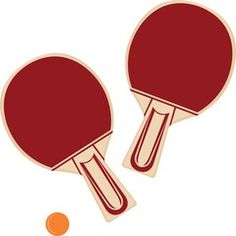 two ping pong paddles hitting an orange ball