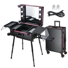 Makeup Workstation - This Byootique Rolling Makeup Case comes with 6 LED lamps and a full-sized mirror, allowing it to double up as a convenient makeup workstation, perfect for doing makeup at home, studios, salons, weddings, competitions, for influencer broadcasting, or for displaying cosmetics at beauty salons or shopping malls. Portable & Adjustable - Comes with a sturdy and rust-resistant aluminum frame and telescopic legs for 6-level height adjustment from 15" to 34" off the ground, along w Bulb Mirror, Rolling Makeup Case, Makeup At Home, Travel Vanity, Makeup Station, Makeup Train Case, Cosmetic Box, Train Case, Adjustable Legs