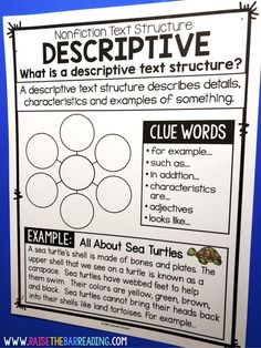 the descriptive text structure poster is displayed on a blue background with black and white writing