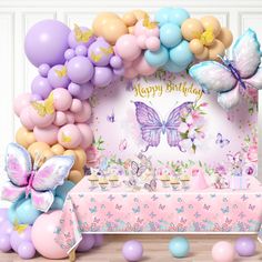 an image of a birthday party with balloons and butterflies on the table in front of it