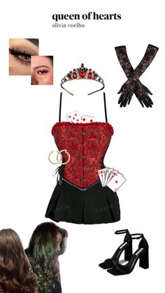 the queen of hearts corset is shown in red and black, with matching accessories