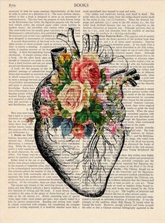 an open heart with flowers in it on top of a book page, and the words books