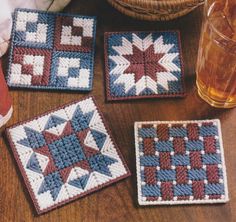 "Make a set of patriotic coasters out of 7-mesh plastic canvas and worsted weight yarn! Measures approximately 3.5\" x 3.5\" each THIS IS A DIGITAL PATTERN ALL PATTERNS ARE IN ENGLISH" Plastic Canvas Crafts Patterns Free Coasters, Plastic Canvas Crafts Coasters Free Pattern, Coaster Plastic Canvas Free Pattern, Plastic Mesh Placemats, Patchwork Coasters, Coaster Patterns, Crocheted Coasters, Plastic Canvas Coasters, Plastic Canvas Stitches