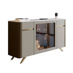 an entertainment center with glass doors and gold trimmings on the front, in white background