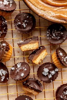 chocolate covered cupcakes on a cooling rack with powdered sugar and sprinkles