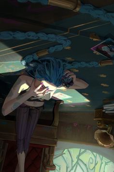 a woman with blue hair is reading a book