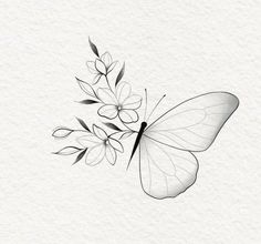 a black and white drawing of a butterfly with flowers on it's back wing