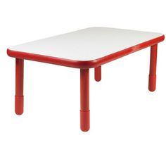 a red and white table with two legs on the bottom one leg is bent to the side