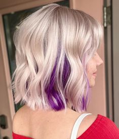 Blonde With Colorful Highlights, Short Hair With Colour Underneath, Fall Fun Colors For Hair, White Hair With Dark Underneath, Pink Peekaboo Hair Short, Blonde Hair With Pop Of Color Underneath, Blonde On Top Purple Underneath, Gray Hair With Pink, Plum And Blonde Hair