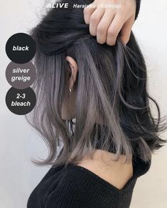 Dark Brown Hair With Grey Underneath, Ash Grey Underneath Hair, Slate Hair Color Grey, Yellow Peak A Boo Hair, Dark Peekaboo Hair, Anime Inspired Hair Color, Hidden Hair Dye, Hair Dye Underneath Peekaboo Color, Peekaboo Short Hair