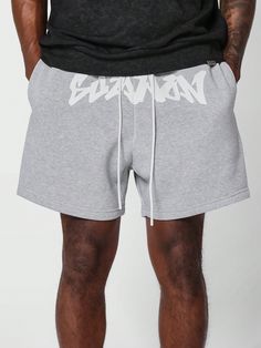 Light Grey Casual Collar  Knitted Fabric Letter Track Shorts Embellished Slight Stretch  Men Clothing Gray Summer Bottoms With Letter Print, Casual Gray Shorts For Streetwear, Gray Letter Print Shorts, Urban Gray Summer Bottoms, Fabric Letters, Track Shorts, Kids Beachwear, Men Clothing, Mens Bottom