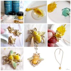 various images of bees and honeycombs being used as pendants for necklaces