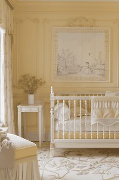 a white crib sitting in a bedroom next to a window