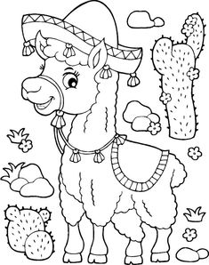 a cartoon llama with cactus and cacti in the background coloring pages for kids