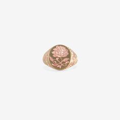 Details Castro Smith 9k yellow gold Peony ring with pink iridescent ceramic plating, size 6. The top of the signet measures approximately 1/2″ x 9/16″ & the band tapers from 5/16″ to 3/16″ wide. - 9k yellow gold - pink iridescent ceramic plating - size 6 Sizing Due to the nature of this ring it cannot be resized but appropriate sizes can be special ordered. Please inquire to order. Luxury Hand Cast Sterling Silver Signet Ring, Hand Cast Silver Signet Ring, Castro Smith Ring, Pink Enamel Open Ring, Modernist Sterling Silver Dome Ring, Signet Ring, Ancient Art, Drawing Inspiration, Peonies