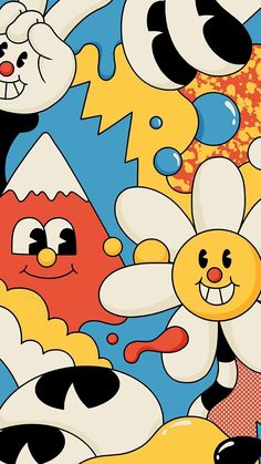 an image of some cartoon characters on a blue and yellow background with flowers in the foreground