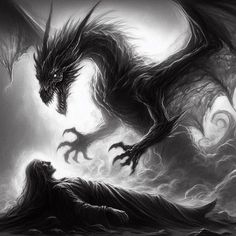 a black and white drawing of a dragon attacking a man in the water with his head down