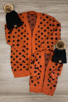 You and your little girl will be so cute matching in these Polka Dot Cardigans. This long sleeve cardigan has an allover rust orange polka dot print with pockets, and comes in adult and child sizes. Shop this cozy fall cardigan today! Matching Mommy Daughter Outfits, Mom Daughter Outfits, Mommy Daughter Outfits, Daughter Outfits, Sparkle In Pink, Polka Dot Cardigan, Cozy Fabric, Mommy And Me Outfits, Family Photo Outfits